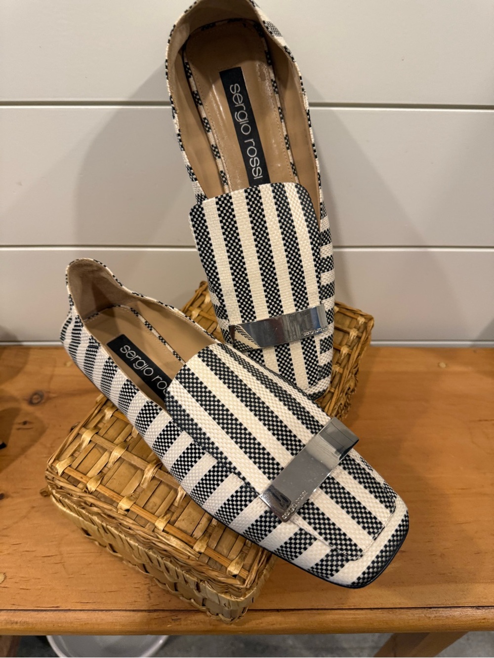 Sergio Rossi Black and White Striped Loafers with Silver Accent